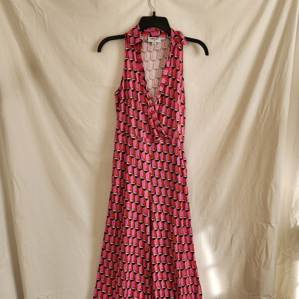 Diane von furstenberg halter jumsuit  hippy geometric 70s print sz xs pink blk